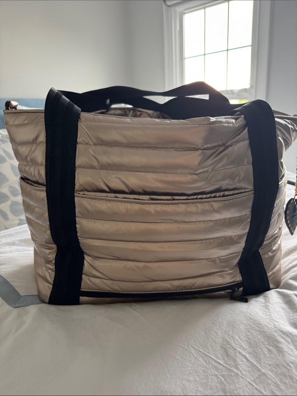 THINK ROYLN Quilted Metallic Champagne Tote with Black Handles